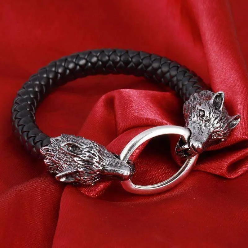 Silver Wolf Braided Leather Bracelet