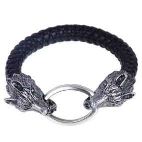 Silver Wolf Braided Leather Bracelet