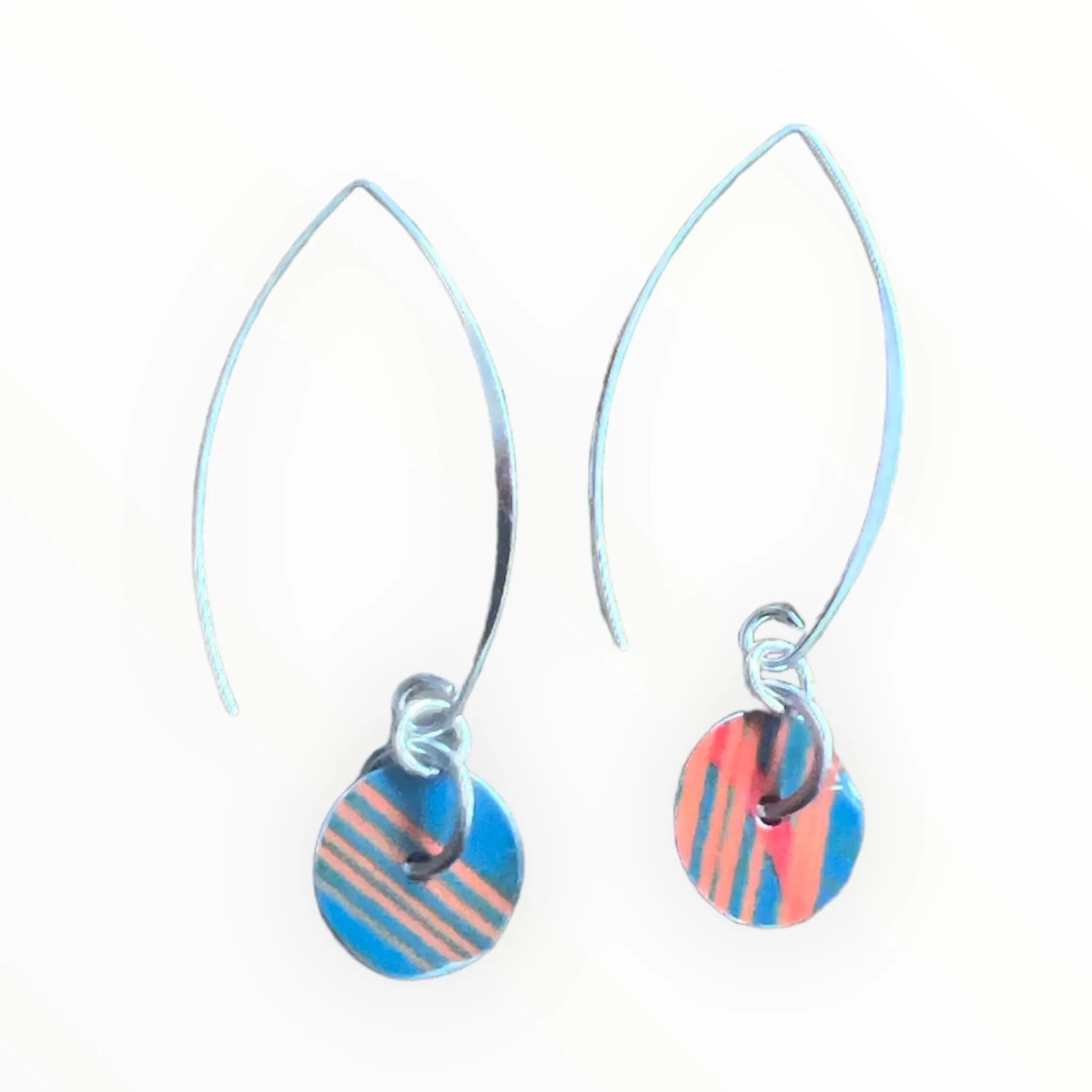 Teal Green and Orange Disk loop Earrings