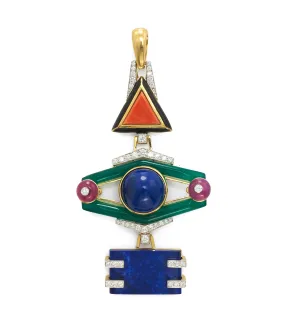 Totem Pendant, Coral, Ruby, Lapis Lazuli