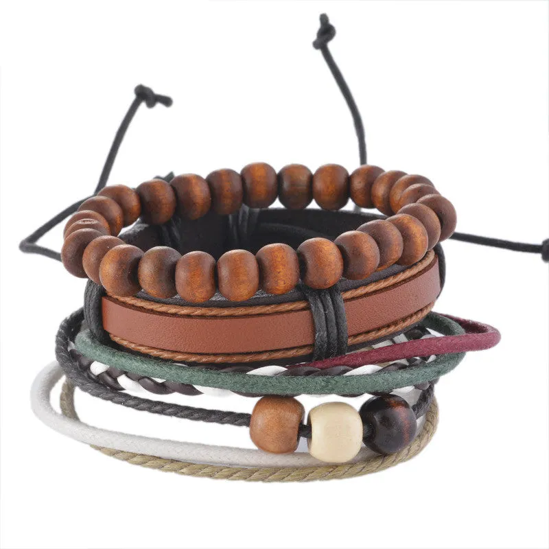 Vintage Cool Punk Men Bracelet Leather Bracelet Multilayer Braided Bracelet Wrap Adjustable Fashion Casual Jewelry 1Set (4PCs)