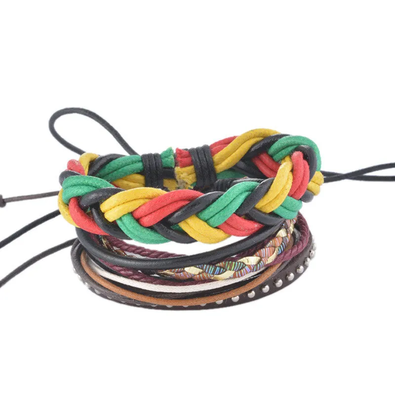 Vintage Cool Punk Men Bracelet Leather Bracelet Multilayer Braided Bracelet Wrap Adjustable Fashion Casual Jewelry 1Set (4PCs)