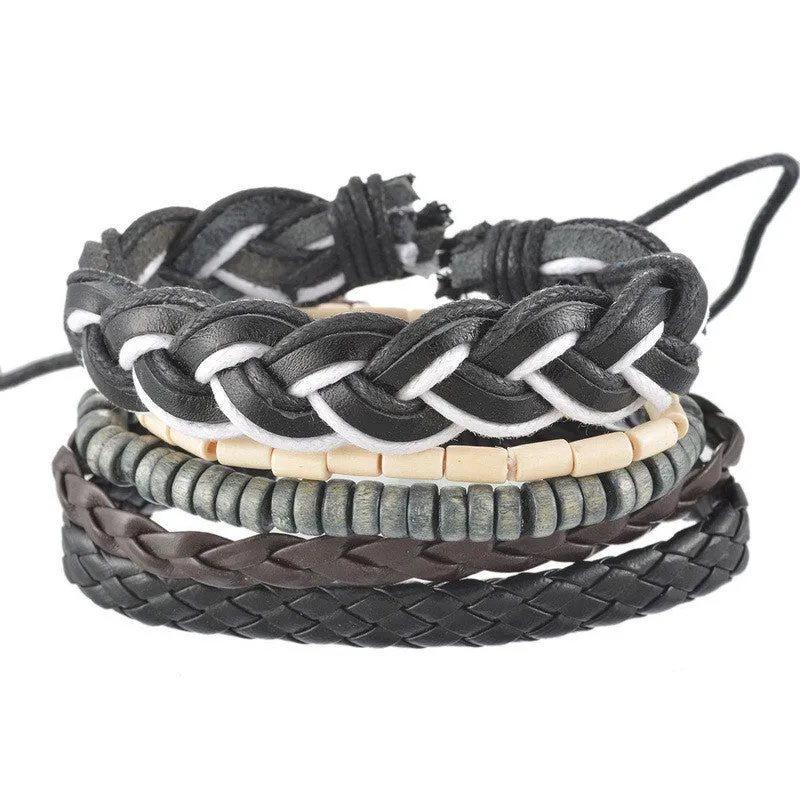 Vintage Cool Punk Men Bracelet Leather Bracelet Multilayer Braided Bracelet Wrap Adjustable Fashion Casual Jewelry 1Set (4PCs)