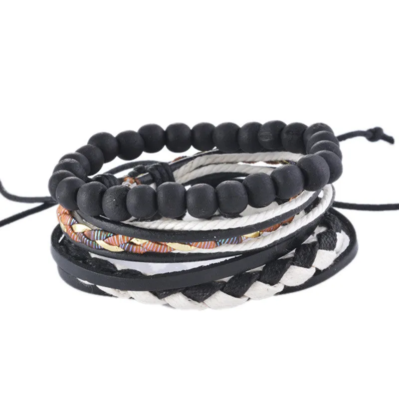 Vintage Cool Punk Men Bracelet Leather Bracelet Multilayer Braided Bracelet Wrap Adjustable Fashion Casual Jewelry 1Set (4PCs)