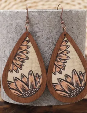 Western Style Wooden Sunflower Tear Drop Earrings