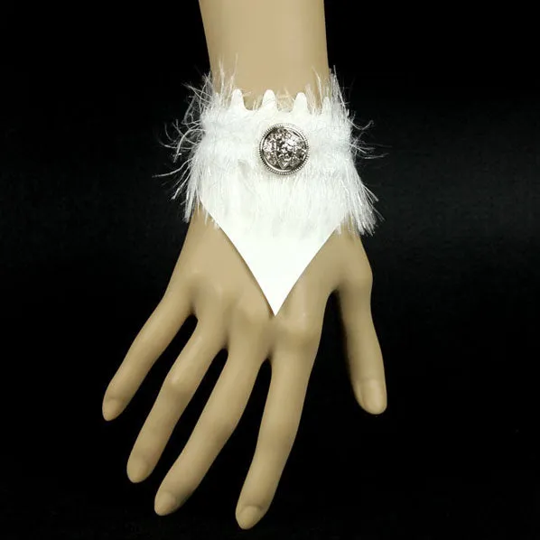 White Leatherette Fuzzy Bracelet w/ Silver Button