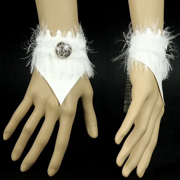 White Leatherette Fuzzy Bracelet w/ Silver Button