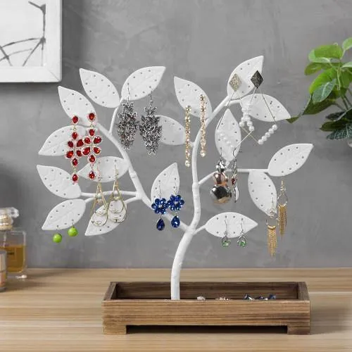 White Metal Jewelry Tree with Wooden Trinket Tray