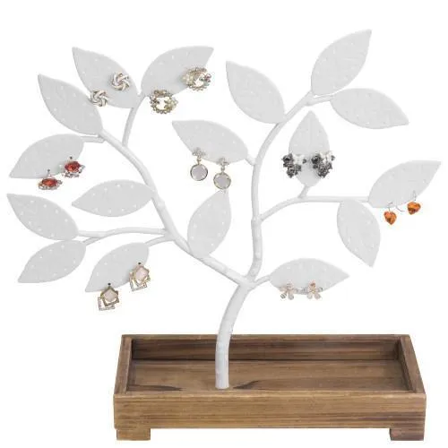 White Metal Jewelry Tree with Wooden Trinket Tray