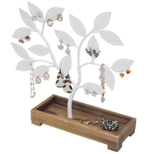 White Metal Jewelry Tree with Wooden Trinket Tray