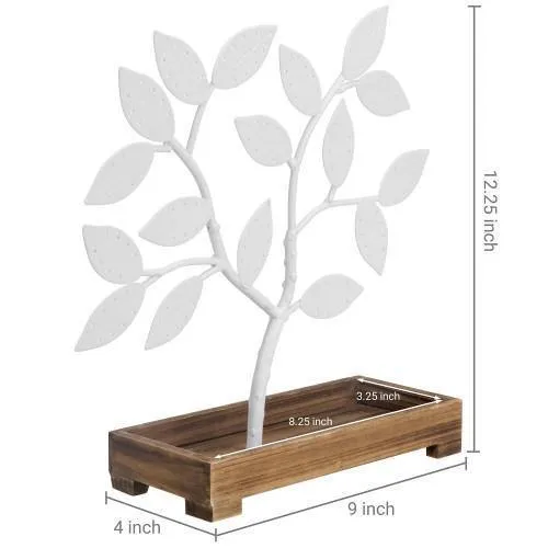 White Metal Jewelry Tree with Wooden Trinket Tray