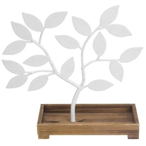 White Metal Jewelry Tree with Wooden Trinket Tray