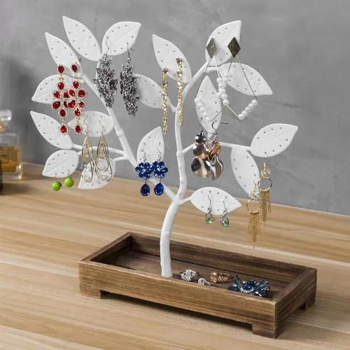 White Metal Jewelry Tree with Wooden Trinket Tray