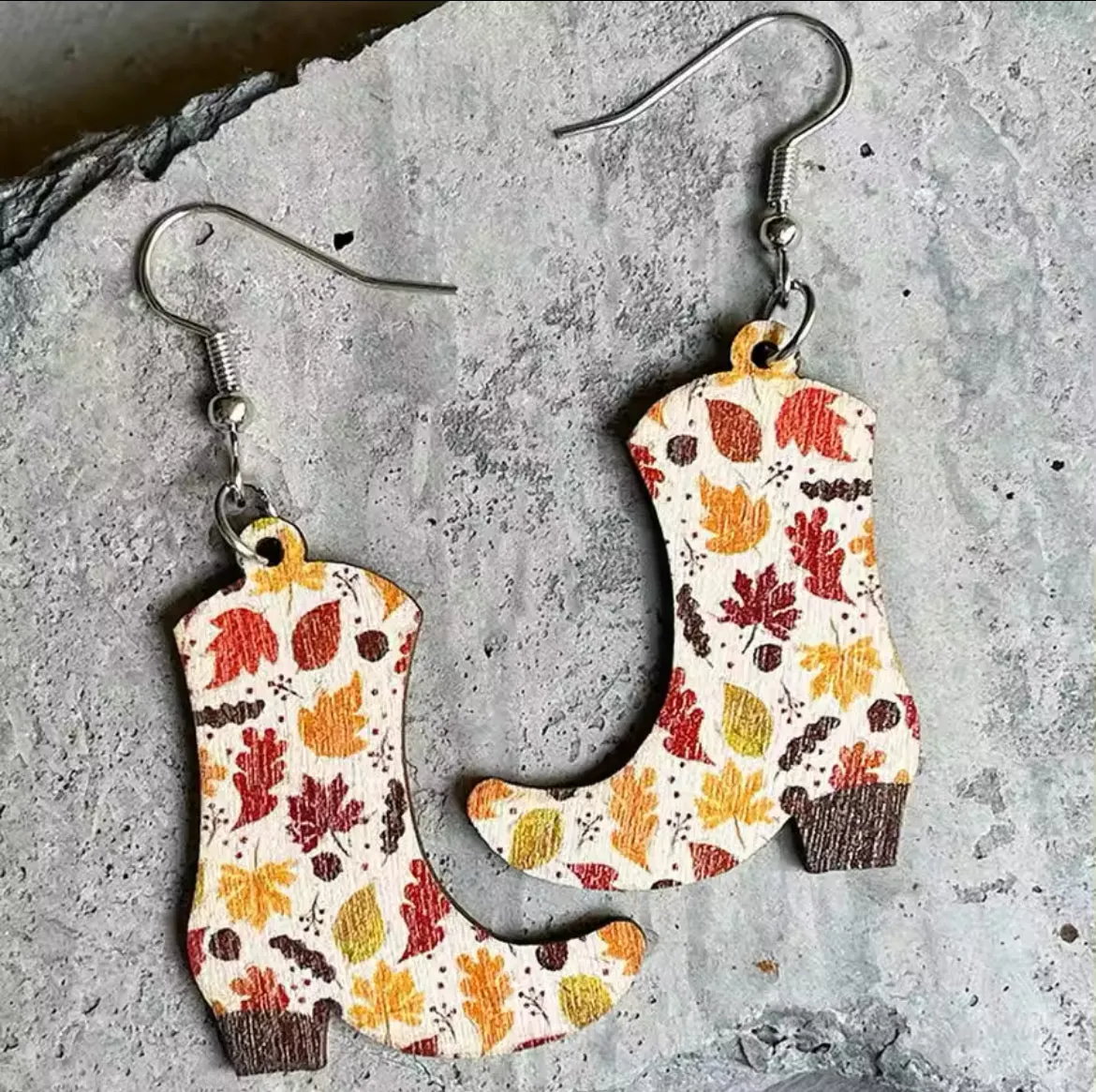 Wooden Cowboy Boot Earrings with Fall Leaves